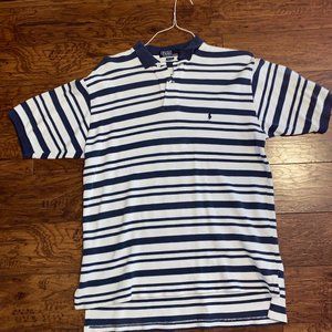 Large cream color w/ navy blue stripes short sleeve Ralph Lauren Polo